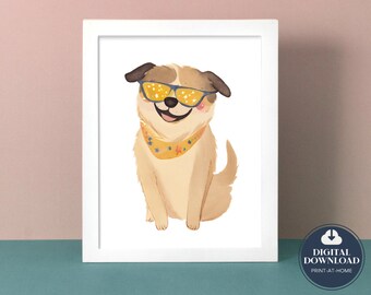 Colourful Star Bandana Doggo Dog Print for Girls / Boys Room, Colorful Gallery, Wall Print, Playroom Art Print, Fun Nursery Decor, Eclectic