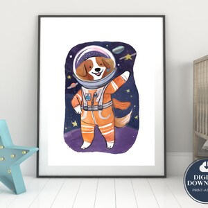 Space Theme, Happy AstroDog Print for Girls / Boys Room, Gallery Wall, Playroom Art Print, Nursery, Astronaut, Rocket Theme, Fun Dog Art