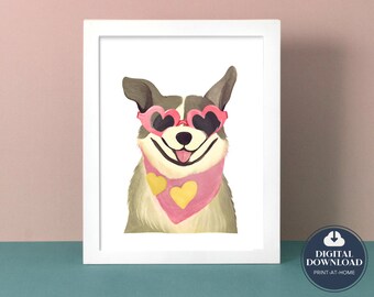 Bright Colourful Heart Eyes Corgi Dog Print for Girls / Boys Room, Fun Gallery Wall Print, Playroom Art Print, Nursery, Eclectic Home Print