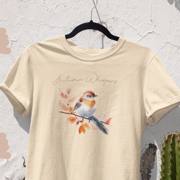 Autumn Whispers Aquarell Vogel T-Shirt | Elegantes Herbstliches Damenoberteil | Cottagecore Mode | Spätsommer Outfit | Süßes Design