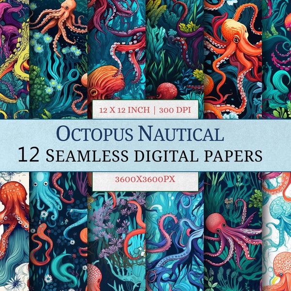 12 Octopus Nautical Seamless Digital Papers | Scrabook | Notebook Wallpaper Pattern | Texture | Printable Waves PNG Sea life JPG Beach