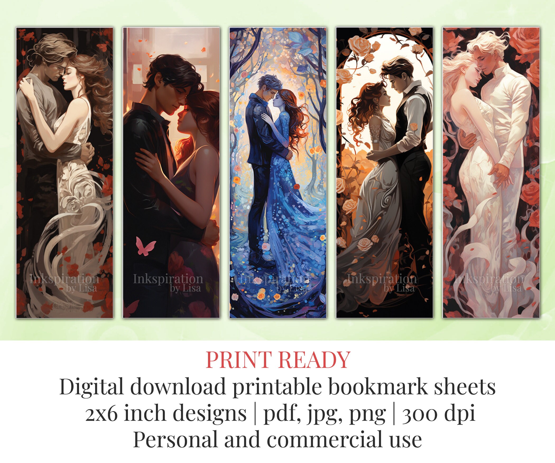 20 Fantasy Romance Printable Bookmarks Set Digital Download, Sublimate ...