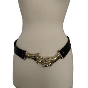 Hand buckle belt gold metal black leather vintage France 90s