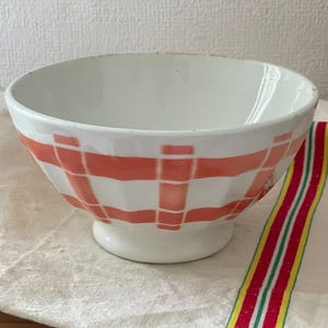 Antique faceted ceramic bowl with orange tile pattern, French-made earthenware | Art Deco breakfast