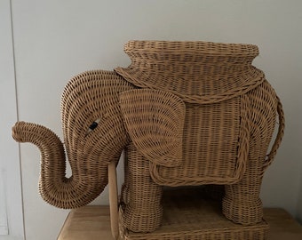 Elephant plant support woven wicker rattan vintage antique side table boho decor 70
