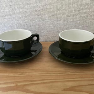 Set of two chocolate mocha tea or coffee cups and two matching saucers vintage Parisian bistro 70s ceramic French earthenware
