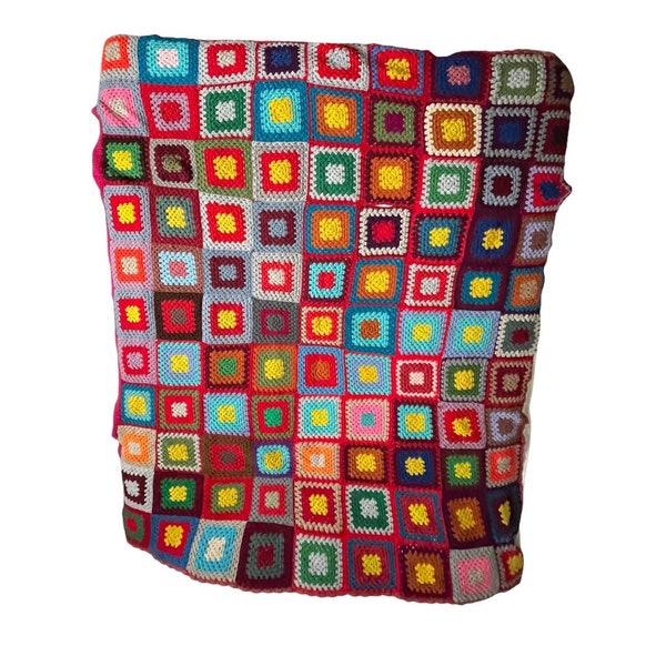 Plaid granny square fait main crochet vintage couverture multicolore maison campagne