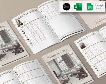 Interieurontwerp Canva, Google Spreadsheets en Excel FFE-schema: productsjabloon, afwerkingsschema, verlichtingsschema, hardwareschema