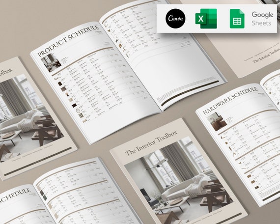 Interior Design Canva, Google Sheets & Excel FFE Schedule: Product Template , Finishes Schedule, Lighting Schedule, Hardware Schedule