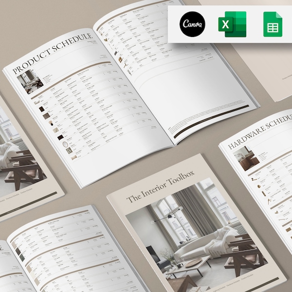 Interior Design Canva, Google Sheets & Excel FFE Schedule: Product Template , Finishes Schedule, Lighting Schedule, Hardware Schedule