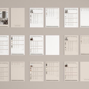 May include: A set of 10 interior design schedules, including product, lighting, finishes, and hardware schedules. The schedules are printed on white paper with black text and are organized in a grid format.