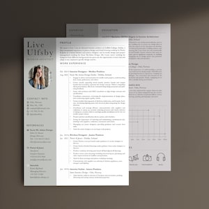May include: A black and white CV with a professional headshot of a woman. The CV includes the woman's name, Live Ulfsby, her title, Interior Architect, and her contact information. The CV also includes her work experience, education, and expertise.