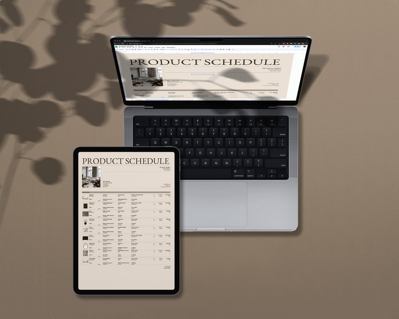 May include: A laptop and tablet computer display a product schedule with a list of items and quantities. The schedule is titled "Product Schedule".