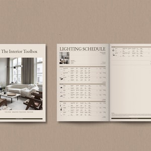 May include: The Interior Toolbox brochure features a photo of a modern living room with a white sofa, a coffee table, and a black pendant light. The brochure also includes a lighting schedule with a list of different types of lights and their specifications.