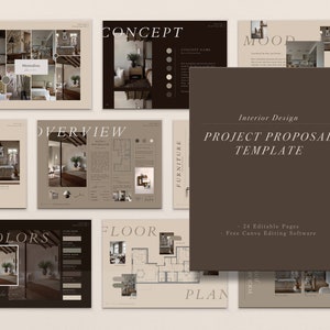 Plantilla Canva de propuesta de proyecto de diseño de interiores y panel de estado de ánimo, plantilla profesional hecha para diseñadores de interiores y arquitectos de interiores