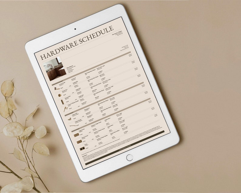 May include: A tablet screen displaying a hardware schedule with a list of different hardware items and their descriptions. The schedule includes a variety of hardware items, such as cabinet pulls, drawer pulls, hinges, and door knobs. The schedule also includes the dimensions of each item, the finish, and the price.