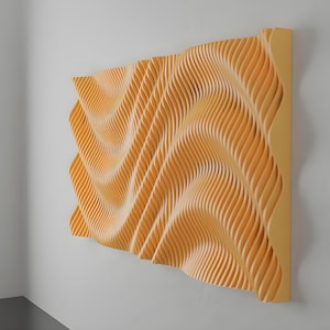 May include: A large, abstract wall sculpture made of wood. The sculpture is made up of many thin, curved pieces of wood that are arranged in a wave-like pattern. The wood is a light orange color.