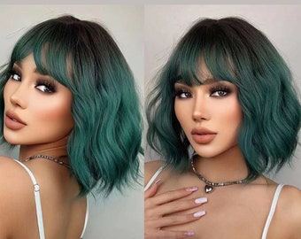 Green Ombre Short Small to Medium Curls Fiber Synthetic Wig With Bangs