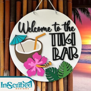 Welcome to the Tiki Bar SVG | Round Wood Sign File, Summer Welcome Sign, Outdoor Bar Sign, DIY Laser Cut Tiki Decor