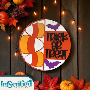 Candy Corn Door Sign SVG, Trick or Treat Round Sign, Halloween SVG Cut File, Laser Ready Door Hanger, Candy Corn Halloween SVG