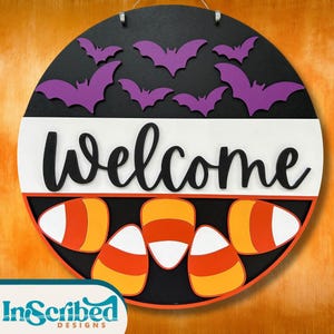 Halloween Welcome Sign SVG, Candy Corn Door Hanger, Bat Cut File, Fall Porch Sign SVG, Laser Ready File, Halloween SVG Round Sign