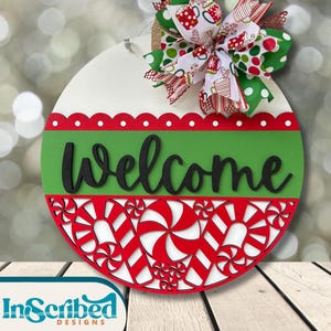 Candy Cane Door Sign SVG, Christmas Welcome Sign, Holiday Porch Decor, Peppermint SVG, Laser Cut Christmas Round Sign