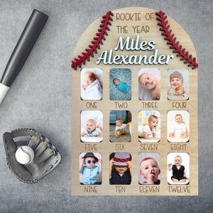 Marco de fotos de béisbol arqueado para recién nacidos hasta un año, archivo cortado con láser SVG / Regalo para baby shower / Marco para el primer cumpleaños / Hitos mensuales