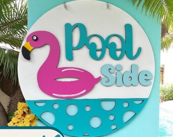 Poolside Flamingo Float Sign SVG: Sommardörrhängare, laserskuren fil (digital nedladdning)