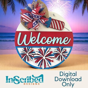 Cartello di benvenuto patriottico in formato SVG – Design di fuochi d'artificio rotondi per il 4 luglio, Memorial Day, decorazioni estive – File digitale tagliato al laser