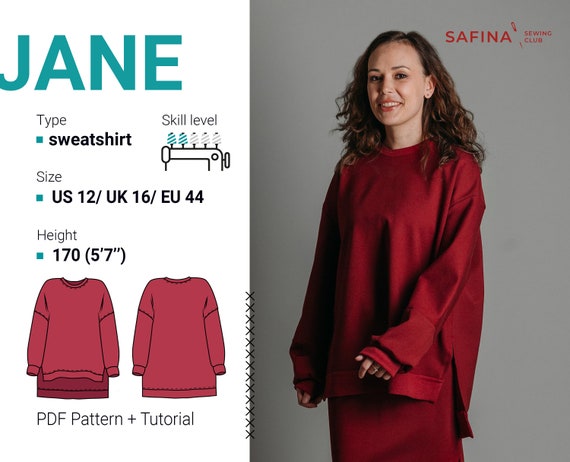 Relaxed Fit Sweatshirt Jane, Sewing Pattern With PDF Tutorial, Size US12 /  UK 16/ EU 44 - Etsy Israel
