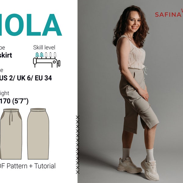 Viola medium volume straight skirt with side slits and front slash pockets, sewing pattern with tutorial, size US 2/ UK 6/ EU 34