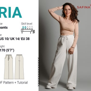 May include: A sewing pattern for wide-leg pants called "Aria" in size US 10/ UK 14/ EU 38. The pattern is for a height of 5'7" (170 cm). The pattern includes a PDF tutorial and a line drawing of the pants.