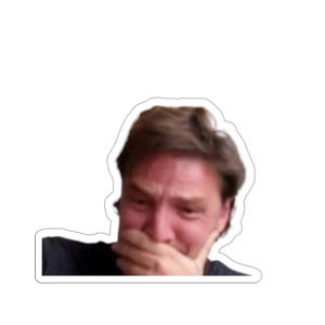 May include: A man with brown hair is laughing and covering his mouth with his hand. He is wearing a black shirt.