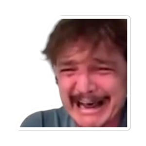 May include: A sticker featuring a close-up of a person with a mustache, eyes closed, and mouth open in a crying expression. The person has brown hair and is wearing a blue shirt. The sticker has a white border.