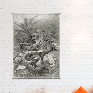 Textil-Wandteppich, Python und der Frosch, Heimdekoration, Wanddekoration, Vintage-Poster, Vintage-Illustration