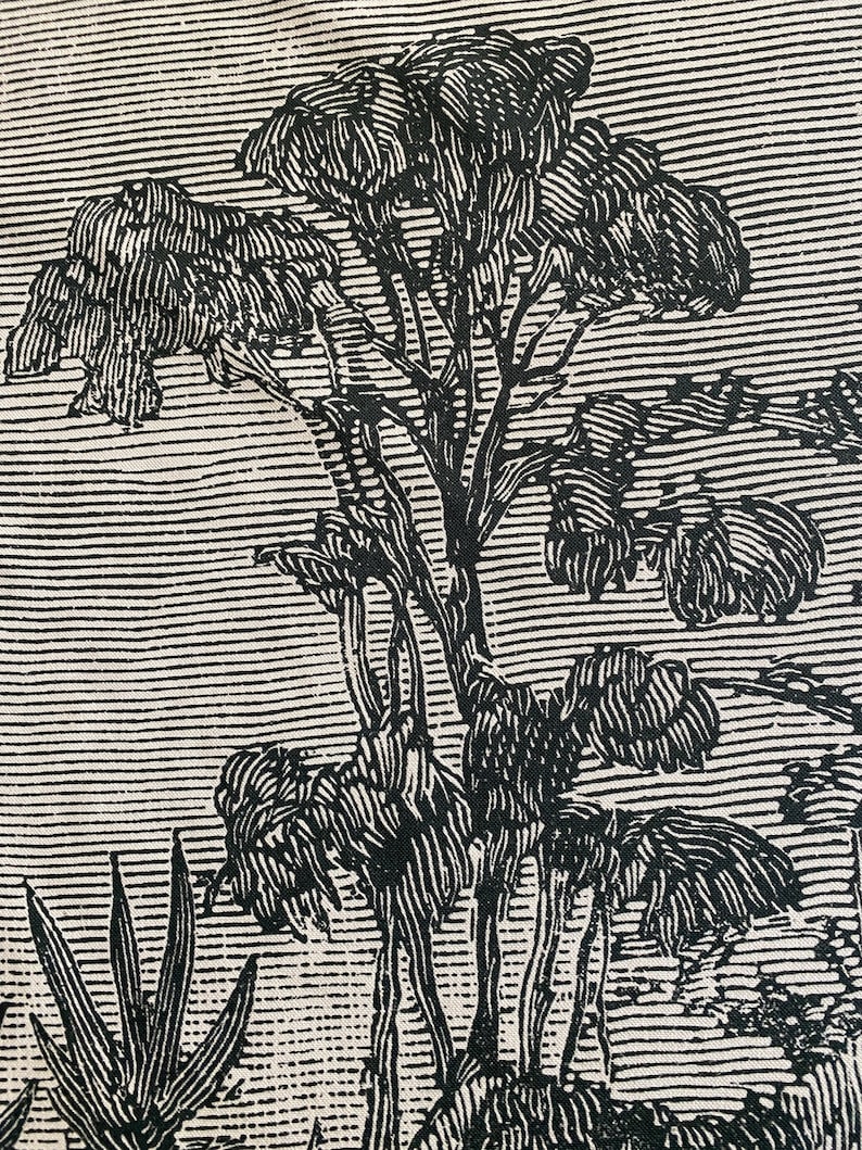 May include: Black and white line art print of a tropical scene with palm trees and other foliage.
