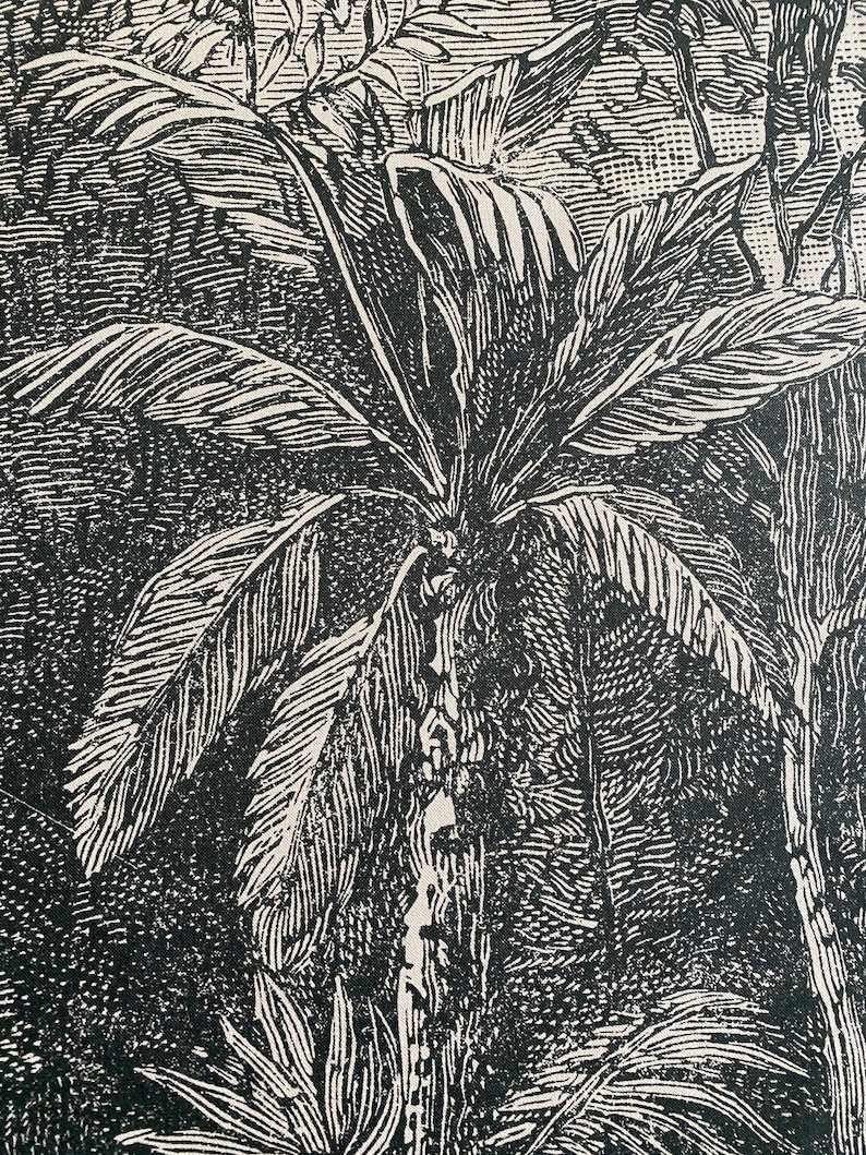 May include: Black and white illustration of a palm tree with detailed lines and textures. The palm tree is surrounded by other plants and foliage.