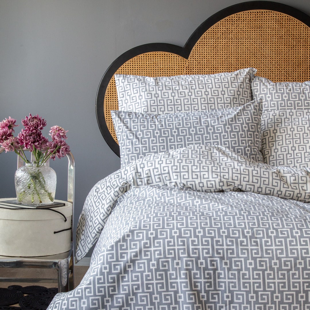 Grey White Duvet Cover Set Greek Key Design Single Double King Etsy