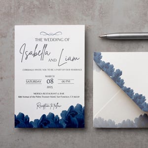Customize Blue Floral Wedding Invitation Set, Editable Navy Flower Invite Template