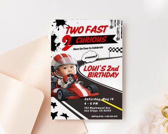 Invitación de coche de carreras de Dos rápidos y dos curiosos, invitación de cumpleaños número 2 con foto (descarga digital)
