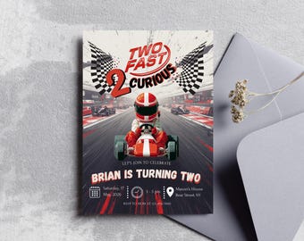 Invitación de cumpleaños con temática de coches de carreras y karts (editable en Canva)