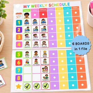 May include: A laminated weekly schedule chart titled MY WEEKLY SCHEDULE with colourful columns for days of the week and rows for tasks. It includes small illustrated activity cards, a blue starburst graphic with the text 6 BOARDS in 1 file.