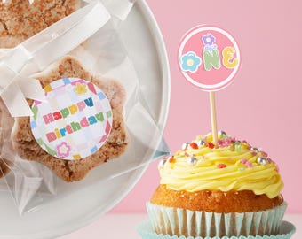 1st Colorful Pastel Cupcake Topper, Set of 4 Topper Flower, Digital Download.