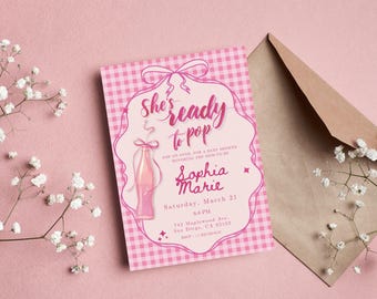 Pink Gingham Baby Shower Invitation, She's Ready to Pop Girl Invite (Canva Editable)