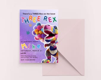 Three Rex Dinosaur 3rd Birthday Invitation, Colorful Knit Style (Digital Download)