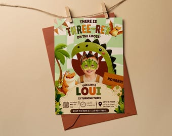 Three Rex Dinosaur Birthday Invitation | 3rd Birthday Party Invite | Editable Photo Animal Mask