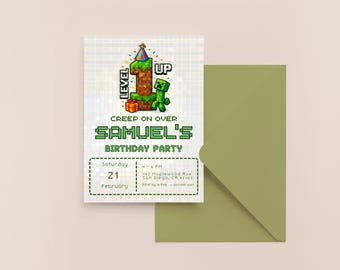 Pixel Block First Birthday Invitation, Mine Crafter 1st Party Invite (Digital Download)