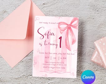 Editable Pink Girly Ribbon Kids Birthday Invitation Template – Balletcore Bow, Coquette Bow, Instant download