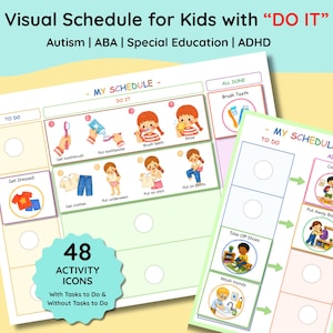 Könnte beinhalten: Ein visueller Stundenplan für Kinder mit dem Text "MY SCHEDULE", "TO DO", "DO IT" und "ALL DONE". Die Übersicht enthält farbenfrohe Illustrationen täglicher Aufgaben wie Zähneputzen, Anziehen und Händewaschen sowie 48 Aktivitäts-Icons.