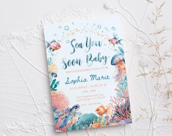 Sea You Soon Baby Shower Invitation | Under The Sea Invite | Editable Canva template